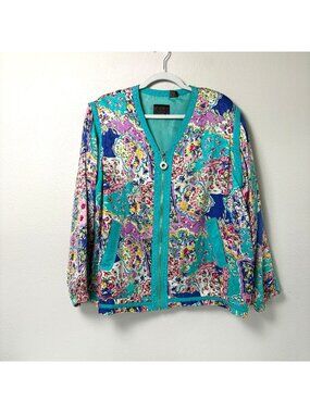 Vintage Mureli Studded Jacket Vest Womens L Blue Floral 100% Silk Zip Pockets